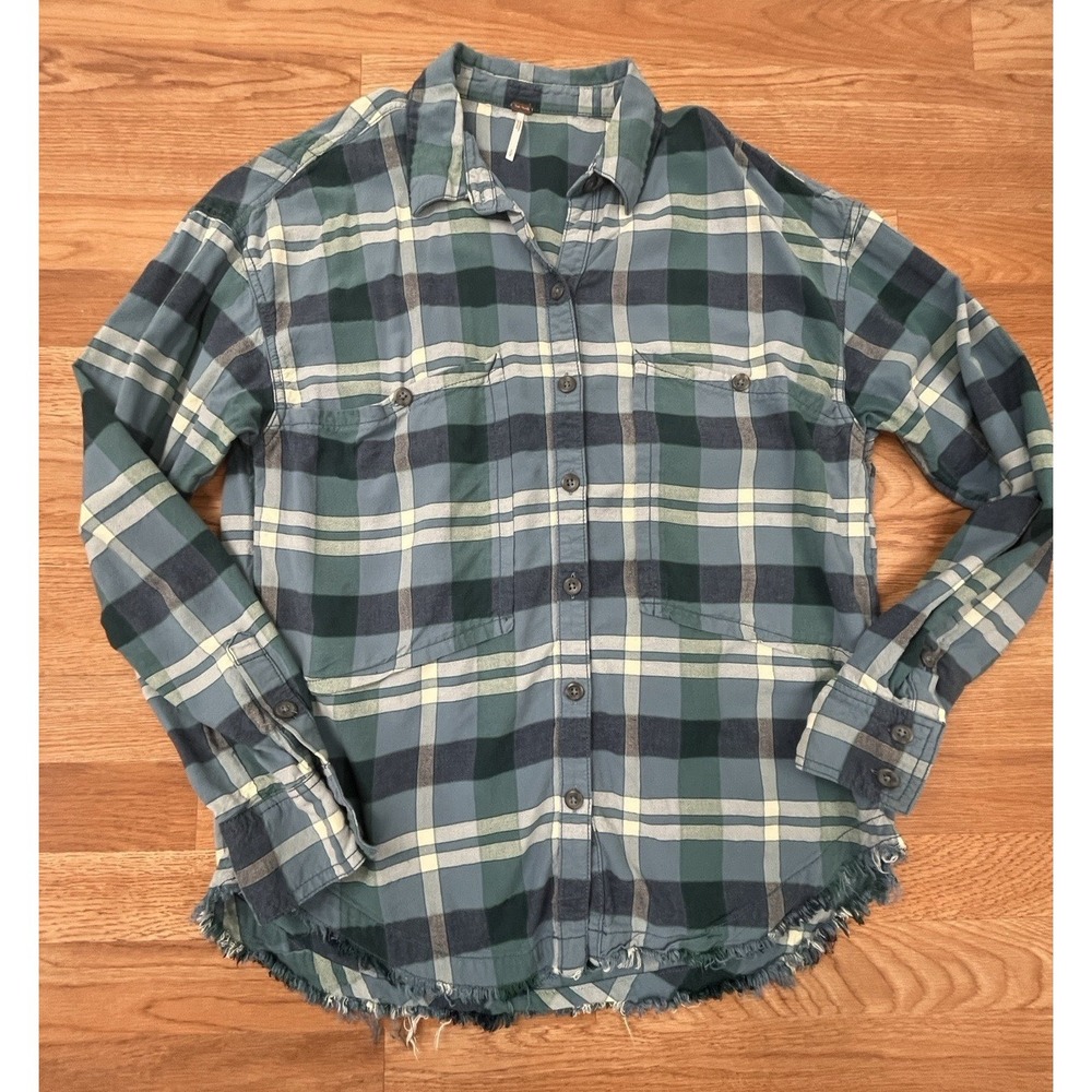 Free People Women's Plaid Flannel Button Up Shirt Blue Frayed Hem Size Small